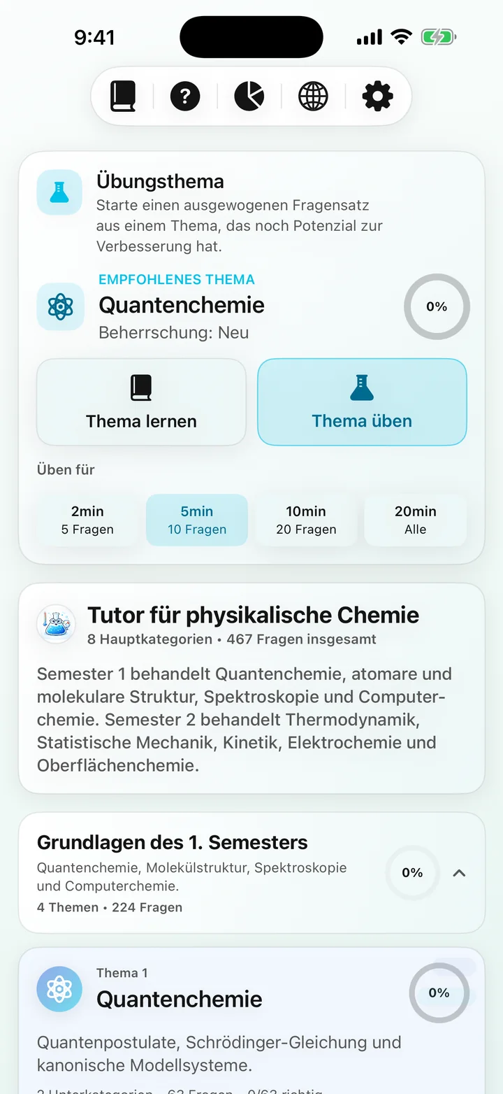 Physical Chemistry Tutor Kurs-Dashboard