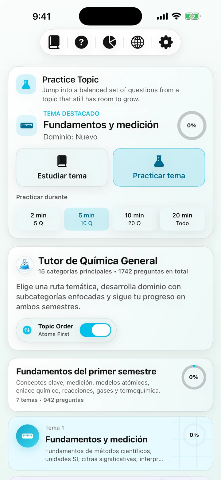 Panel de control del curso General Chemistry Tutor