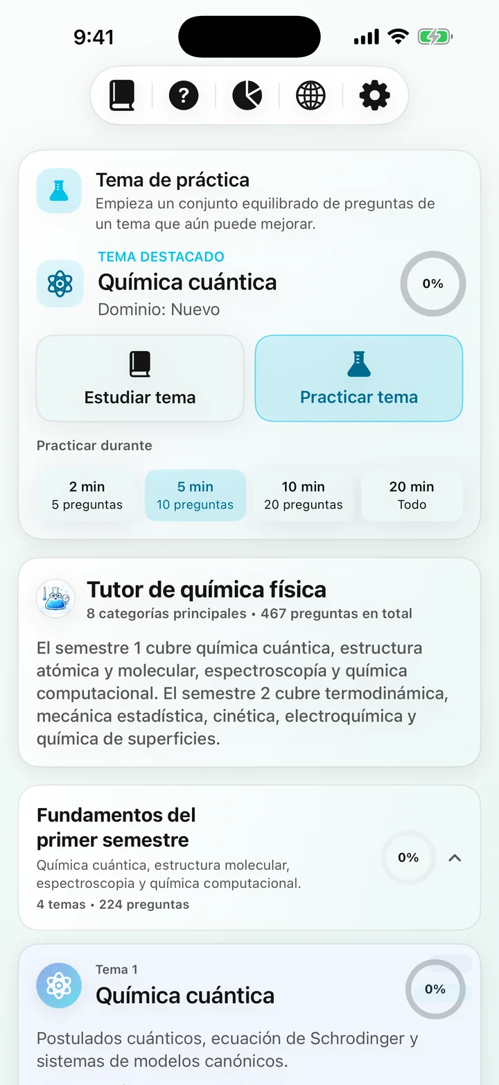 Panel de control del curso Physical Chemistry Tutor