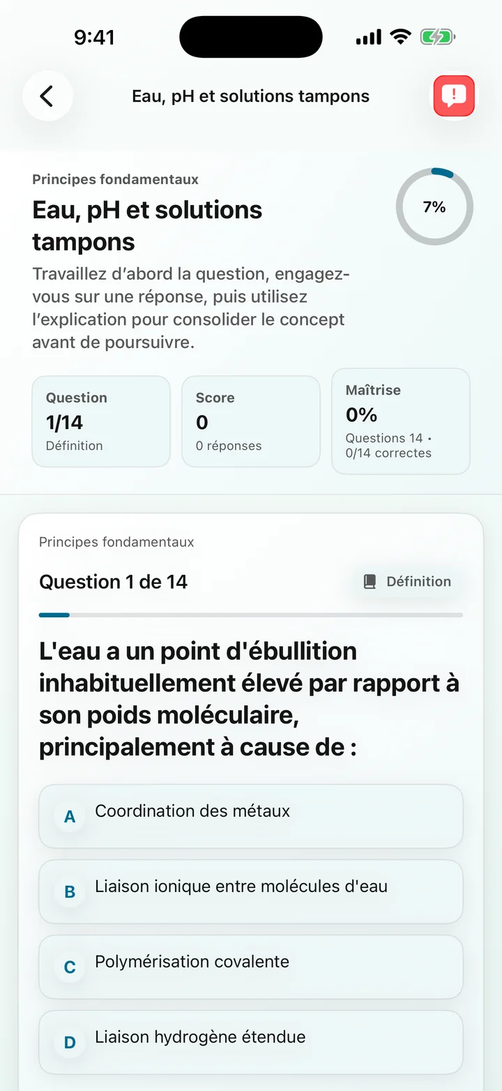 Question sur le pH de l'eau et les tampons dans Biochemistry Tutoring