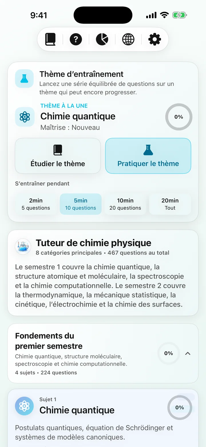 Tableau de bord du cours Physical Chemistry Tutor