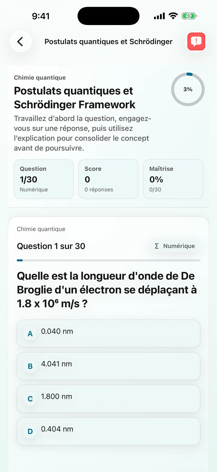Question sur les postulats quantiques dans Physical Chemistry Tutor