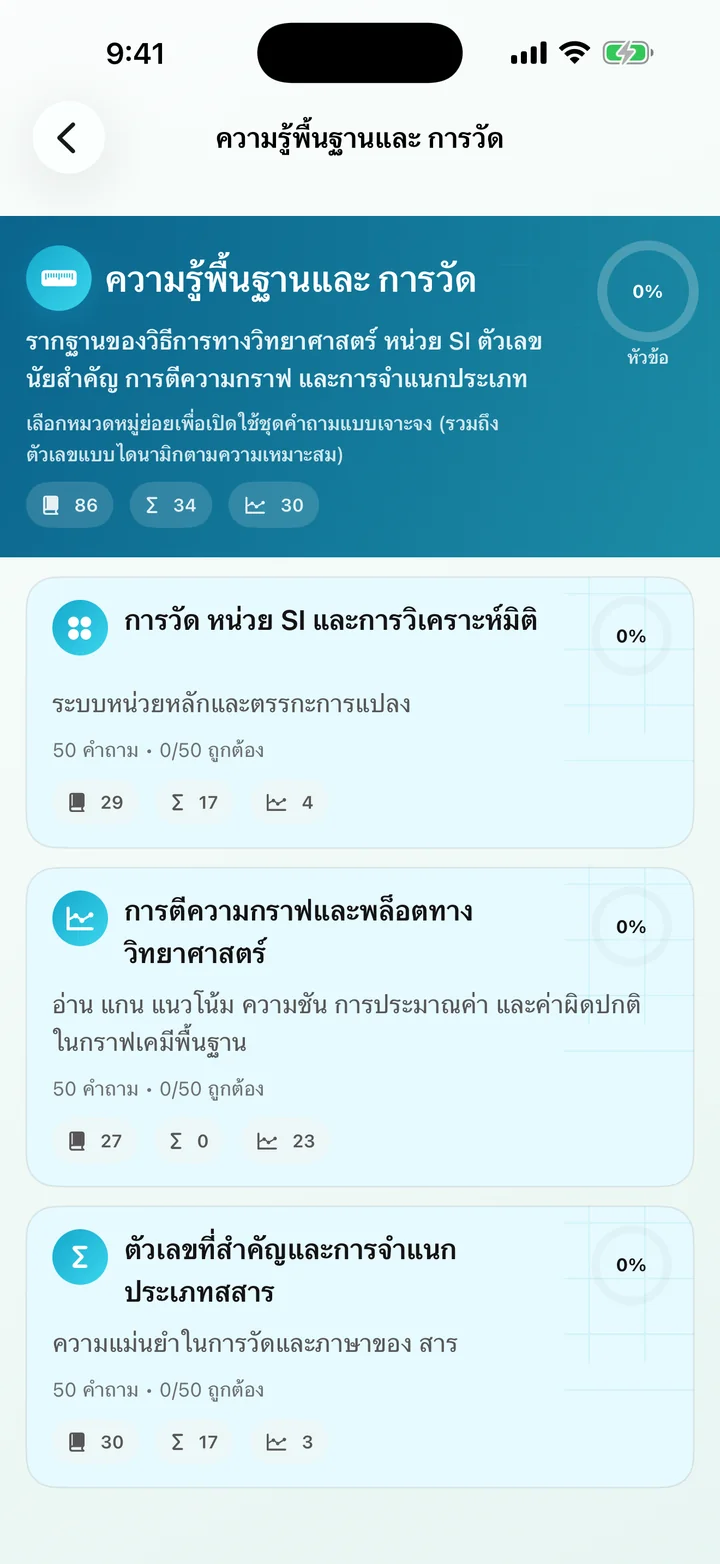 หมวดหมู่ความรู้พื้นฐานและการวัดใน General Chemistry Tutor