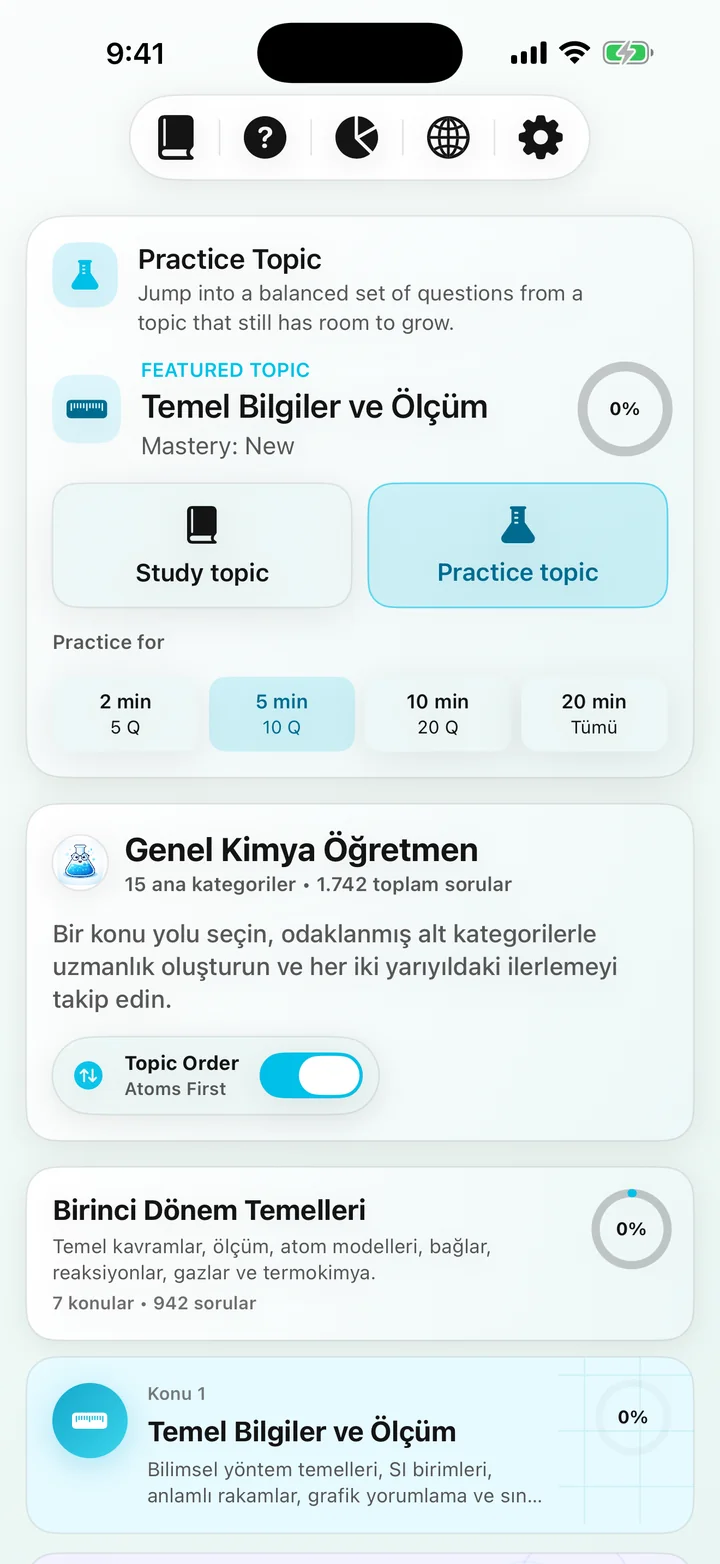 General Chemistry Tutor kurs kontrol paneli