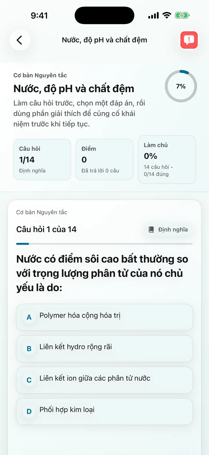 Câu hỏi về độ pH và chất đệm của nước trong Biochemistry Tutoring