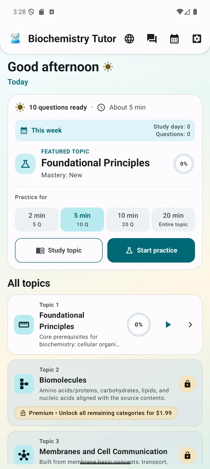 Biochemistry Tutoring course dashboard