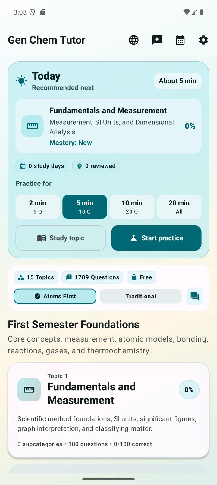 General Chemistry Tutor course dashboard