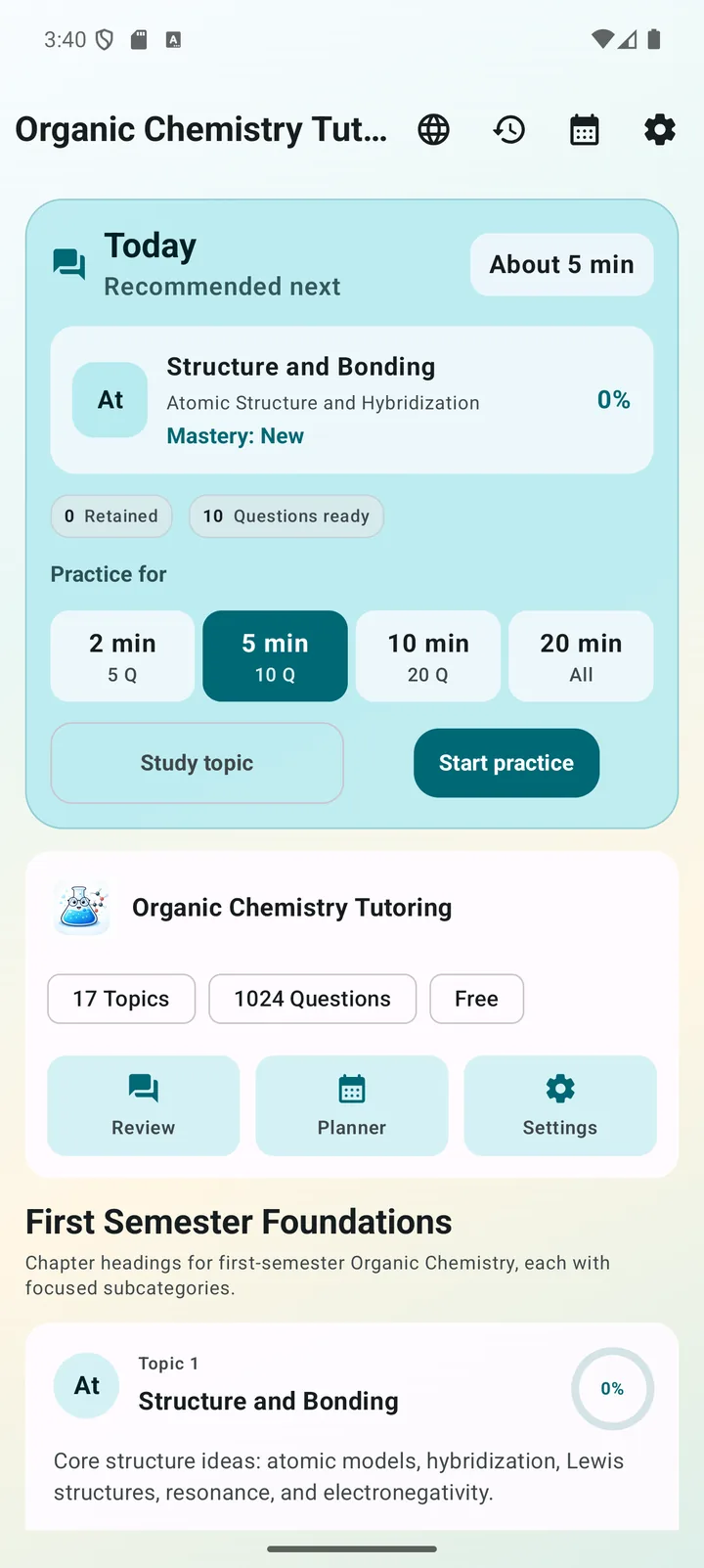 Organic Chemistry Tutoring course dashboard