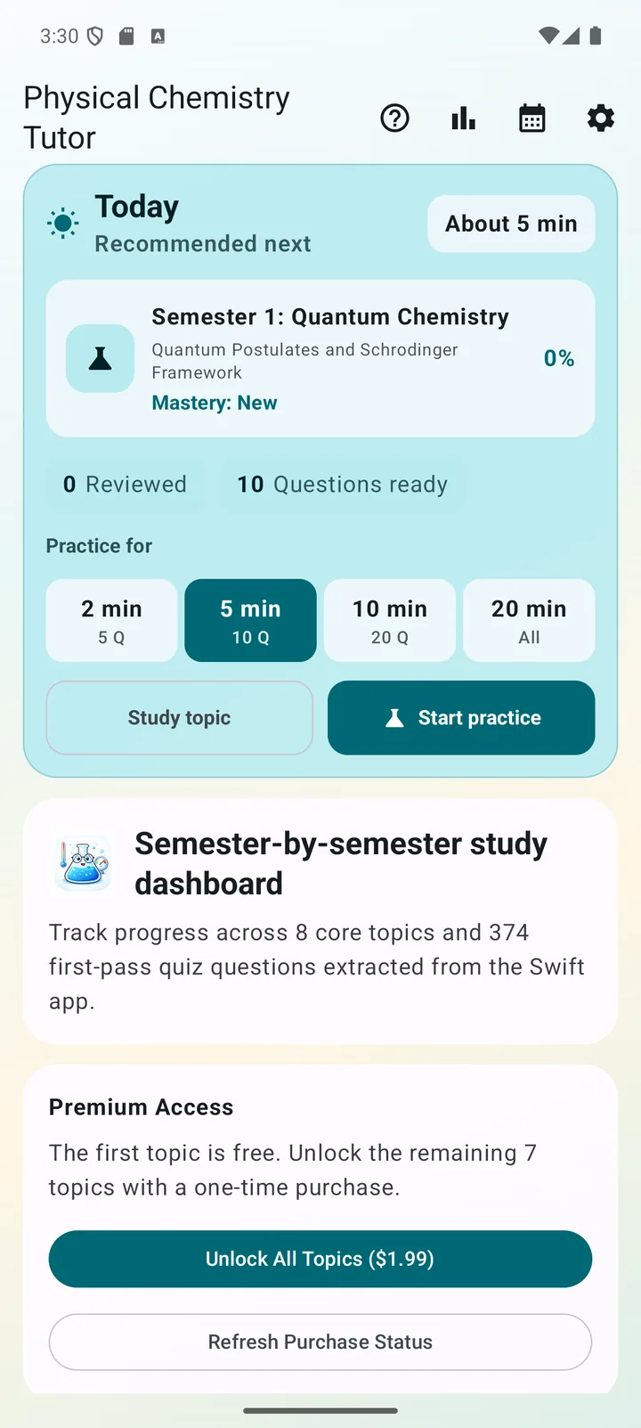 Physical Chemistry Tutor course dashboard