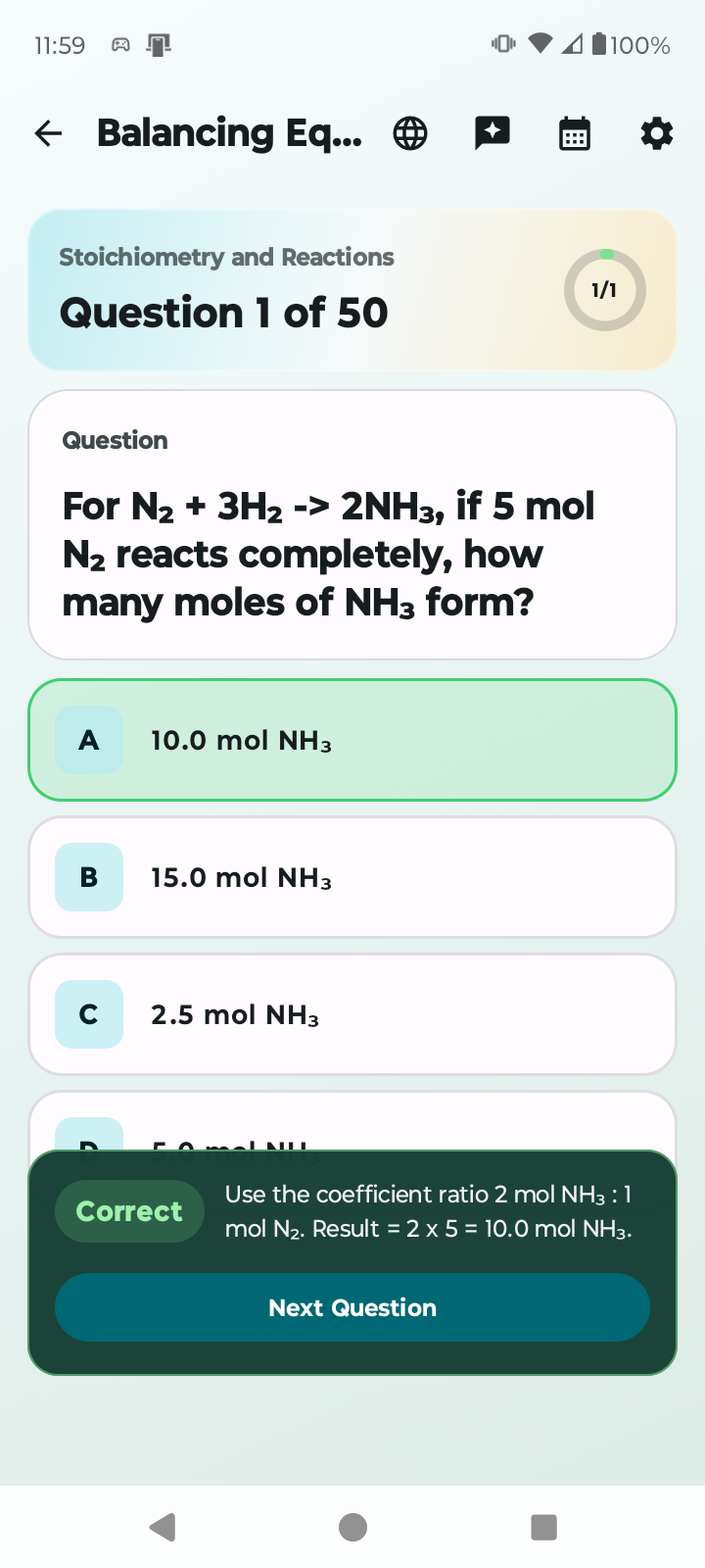 General Chemistry Tutor stoichiometry question with correct-answer feedback