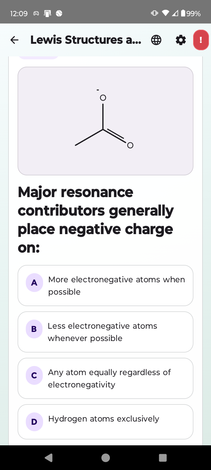 Organic Chemistry Tutoring resonance structure multiple-choice question