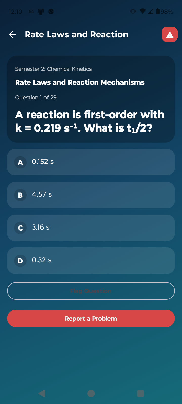 Physical Chemistry Tutor chemical kinetics multiple-choice question